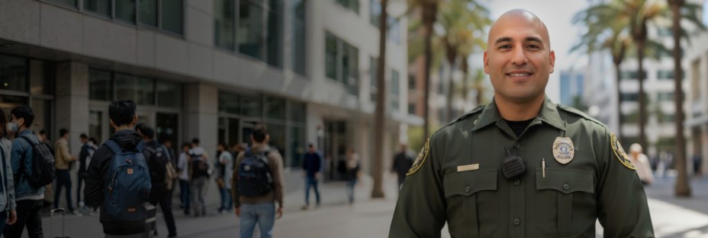Guard standing in a pedestrian mall in California